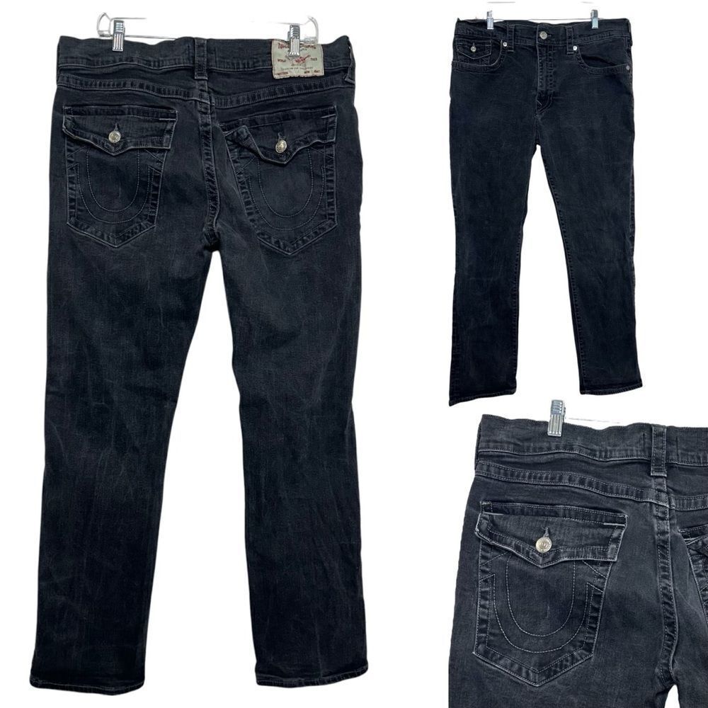 True Religion Black Denim Jeans Mens Sz 40 Ricky Relaxed Straight Flap Pockets